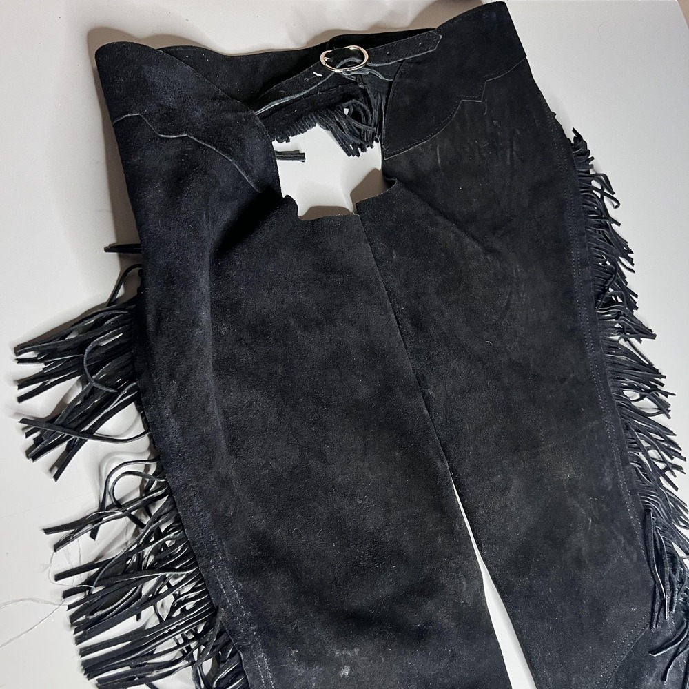 90s Suede Chaps Pants Mens 35x35 Black Fringe Western Belted Cowboy Riding - Picture 4 of 10